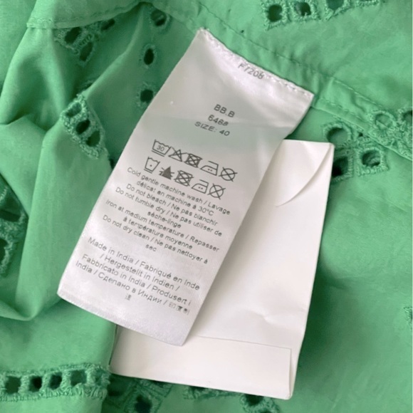 GANNI Green Smocked Eyelet Puff Sleeve Midi Dress Organic Cotton Size 8 - Picture 17 of 17